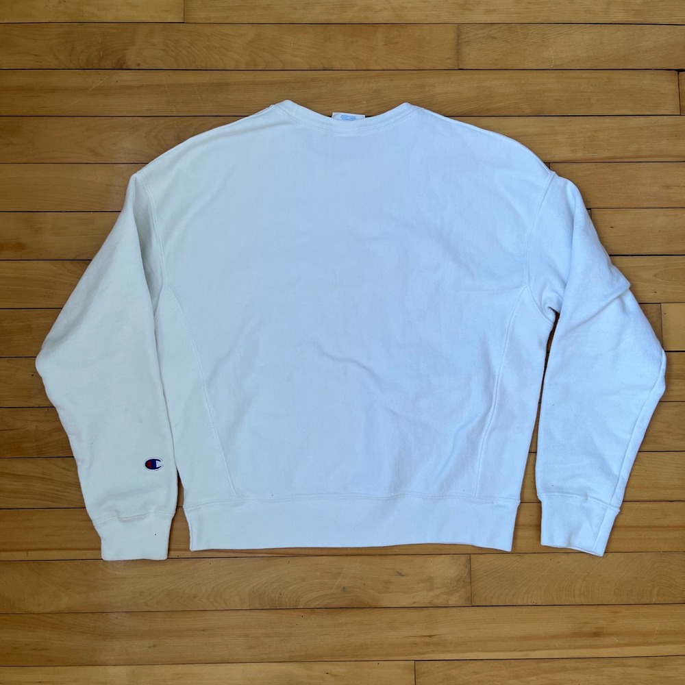 Champion Reverse Weave White Chenille Logo Sweatshirt Men Medium Pullover Fleece - Picture 3 of 5